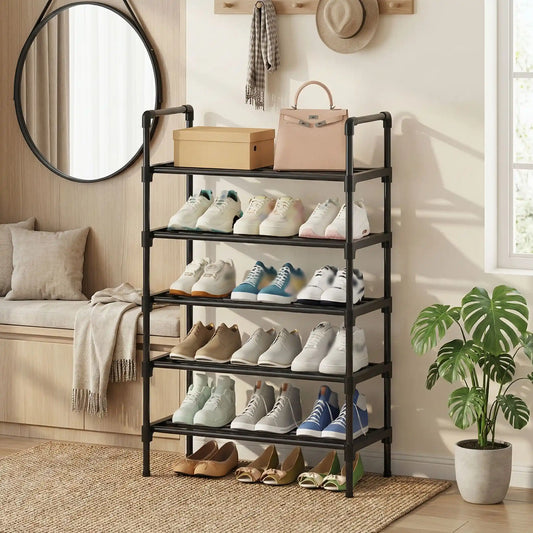 Étagère à chaussures design industriel en métal noir avec miroir et accessoires - Décoration entrée MetalOrganize