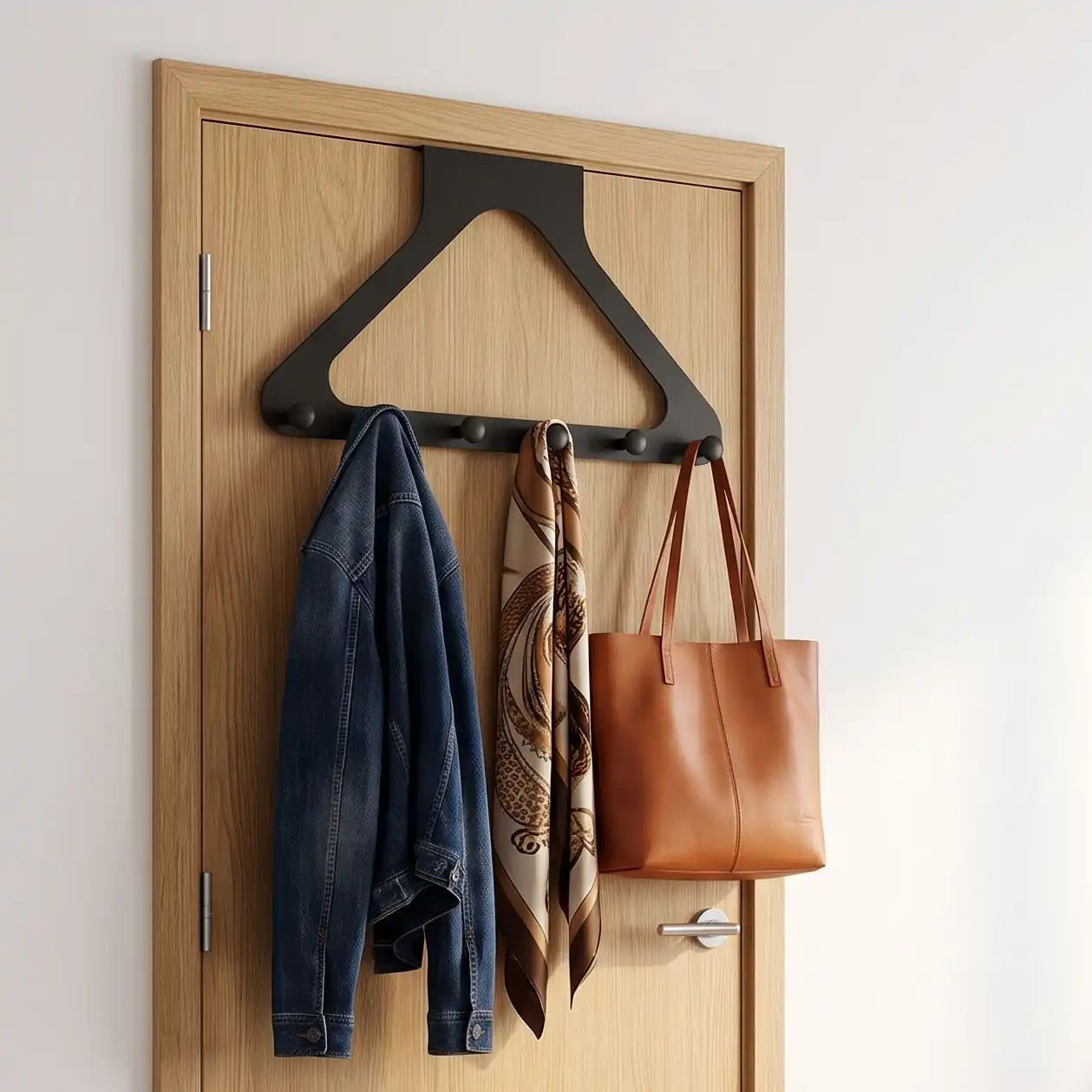 Entrée organisée avec porte-manteau de porte noir accueillant veste, sac et foulard. 