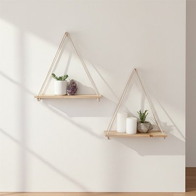 Etagere bois avec articles sur le mur