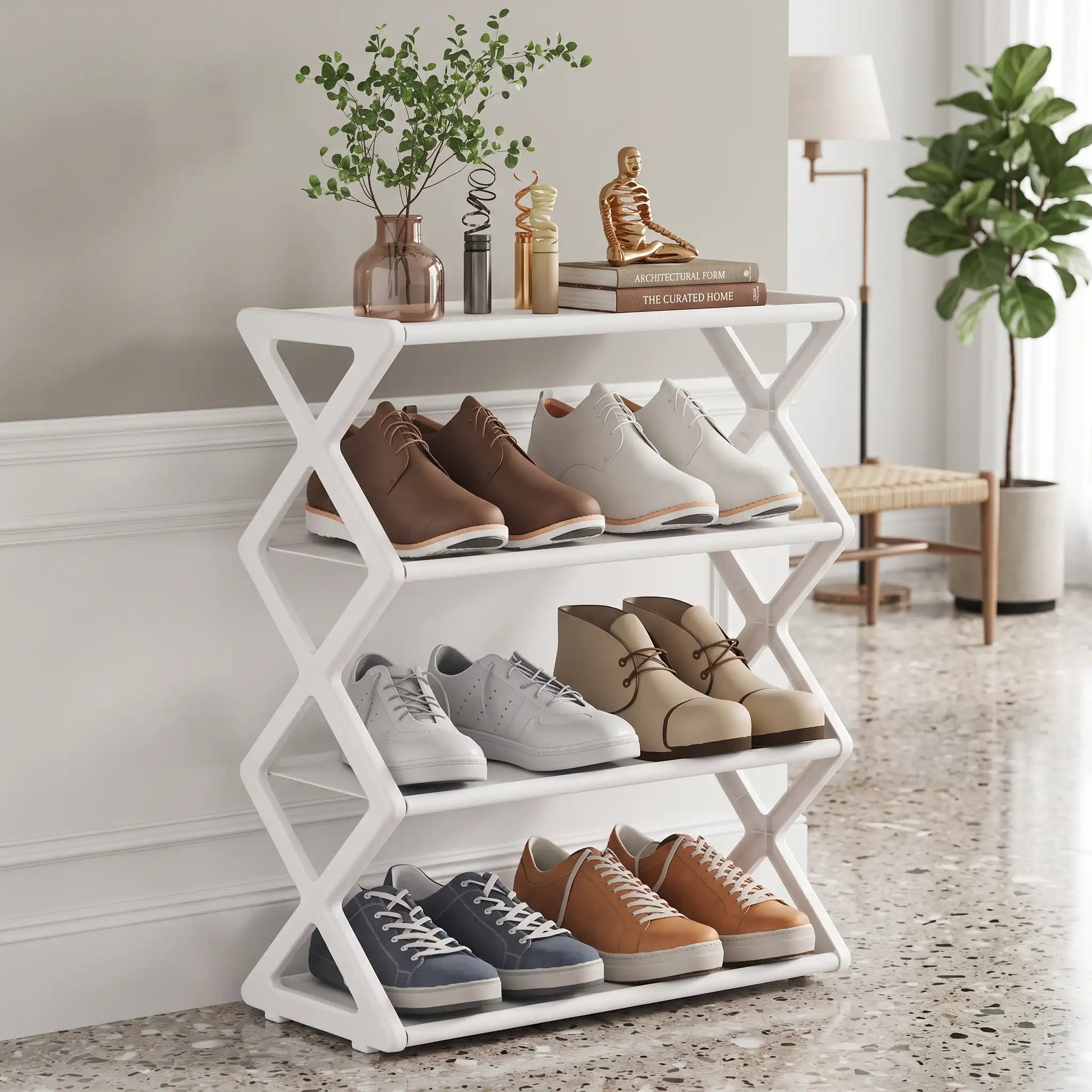 Étagère à chaussures robuste en PP haute densité pour maison organisée, blanc