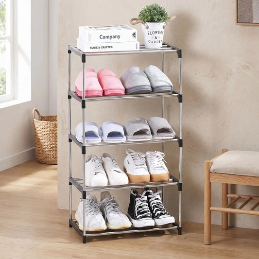 Étagère à chaussures Slim MultiFlex en acier noir mat à 5 niveaux, rangement compact pour 10 paires, design moderne pour entrée.
