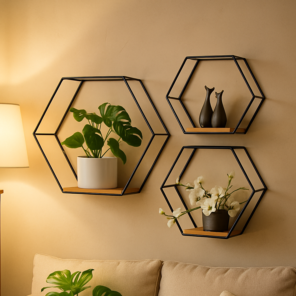 Etagere hexagonale bois métal dans un salon