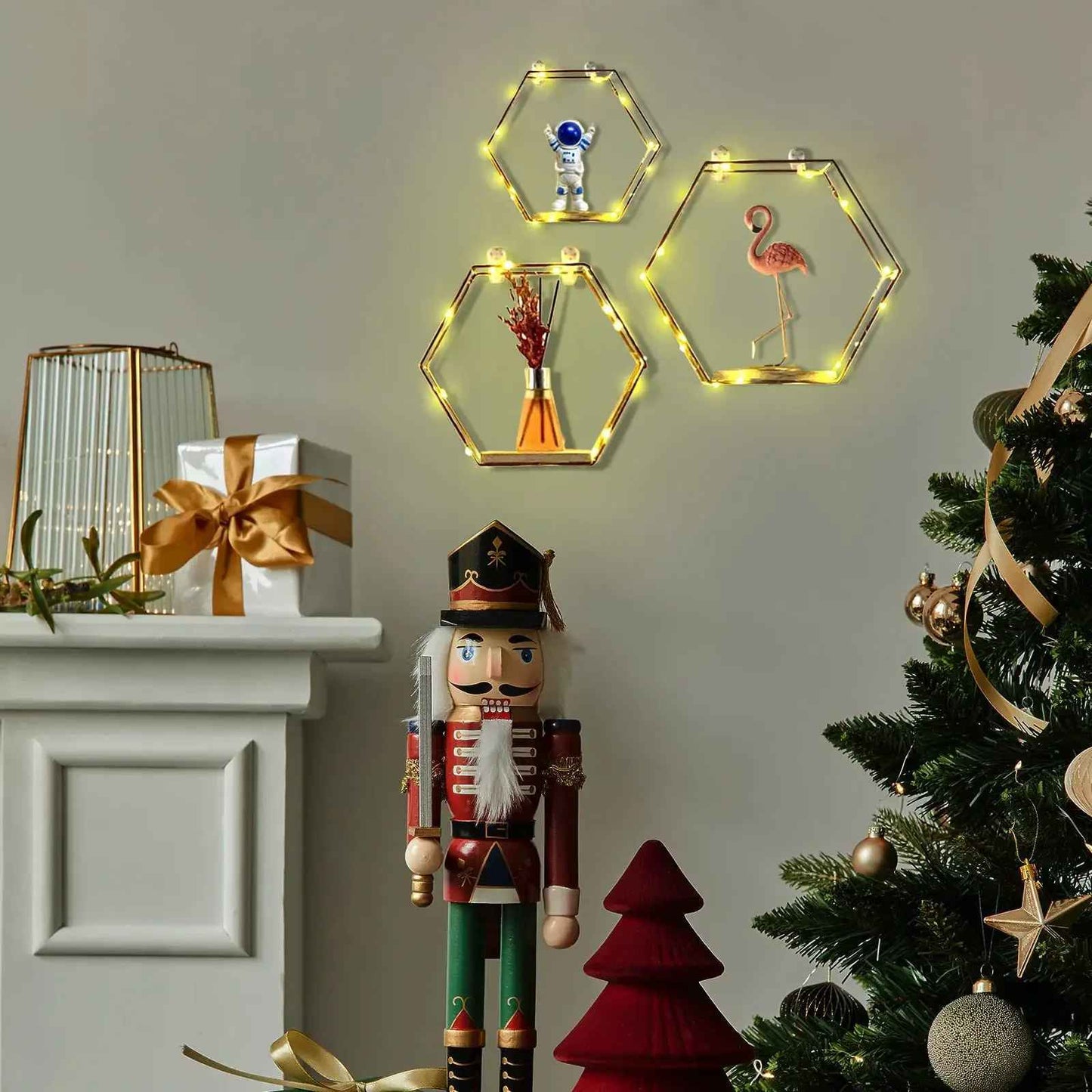 Etagere hexagonale bois métal Noël