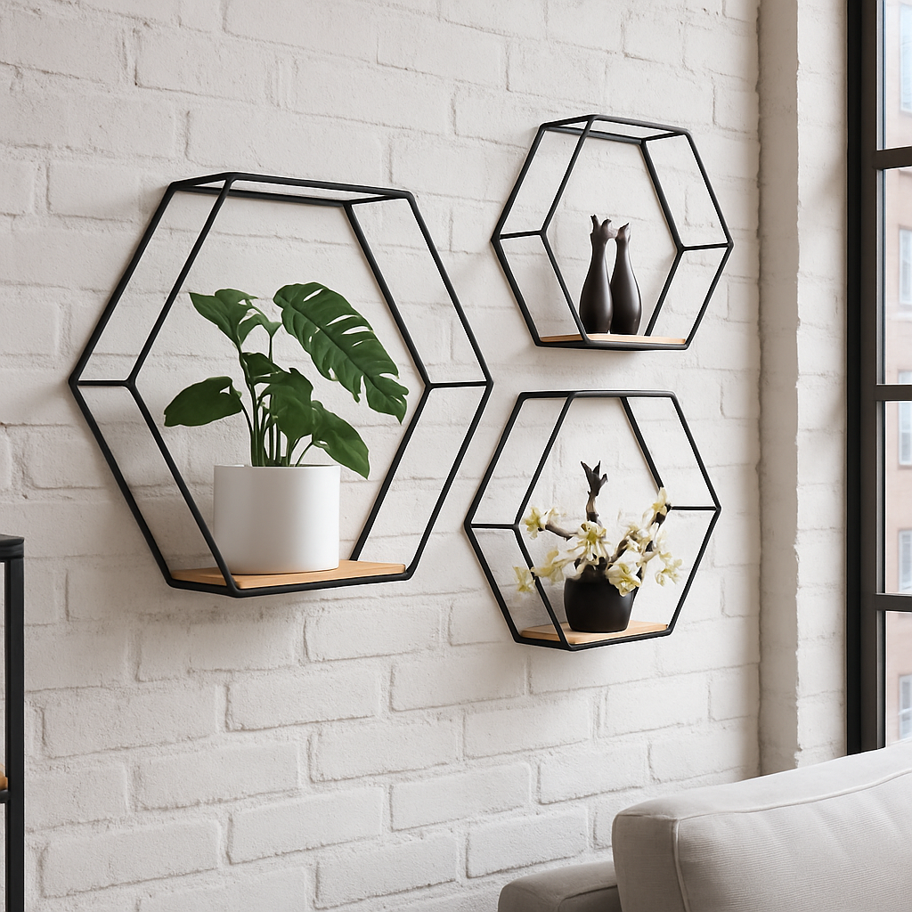 Etagere hexagonale bois métal sur mur de brique