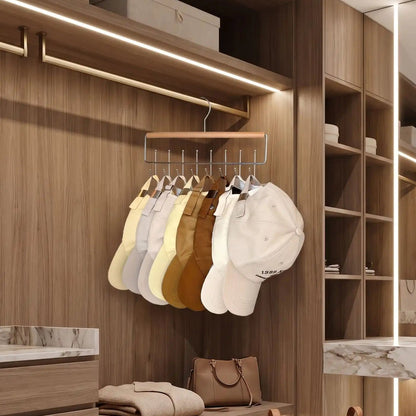 Support casquette NORDEN™ en bois naturel avec 8 crochets en acier inoxydable vu de côté pour montrer la structure
