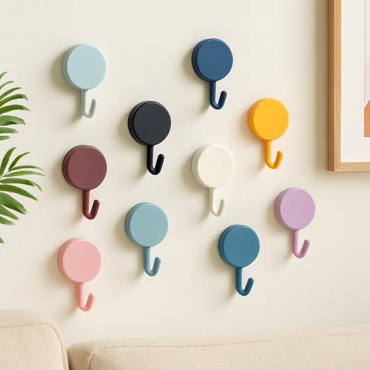 Lot de 10 crochets muraux adhésifs colorés installés sur un mur blanc sans perçage.