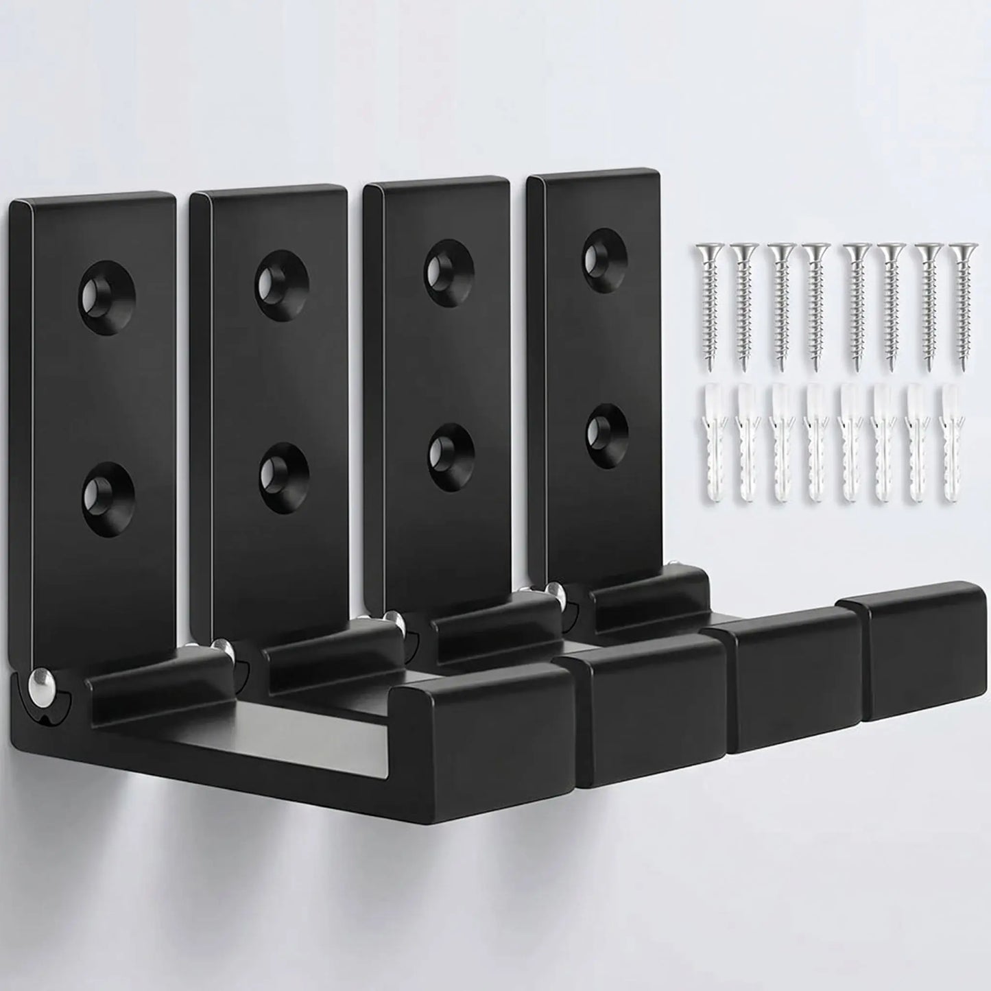 Lot de 4 patères murales pliables Rangement Signature en aluminium noir mat avec 8 vis et 8 chevilles de fixation incluses.