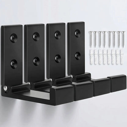 Lot de 4 patères murales pliables Rangement Signature en aluminium noir mat avec 8 vis et 8 chevilles de fixation incluses.