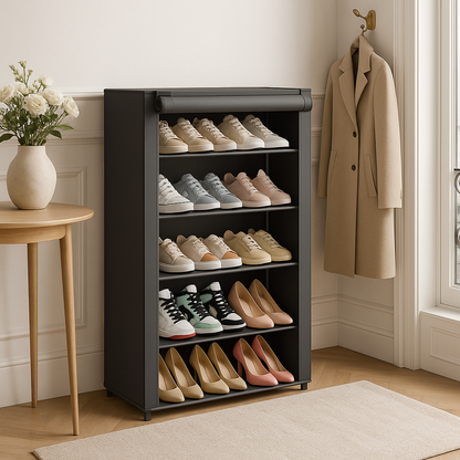Meuble à chaussures gris ouvert avec 15 paires de chaussures rangées dans une entrée lumineuse et moderne - Rangement Signature