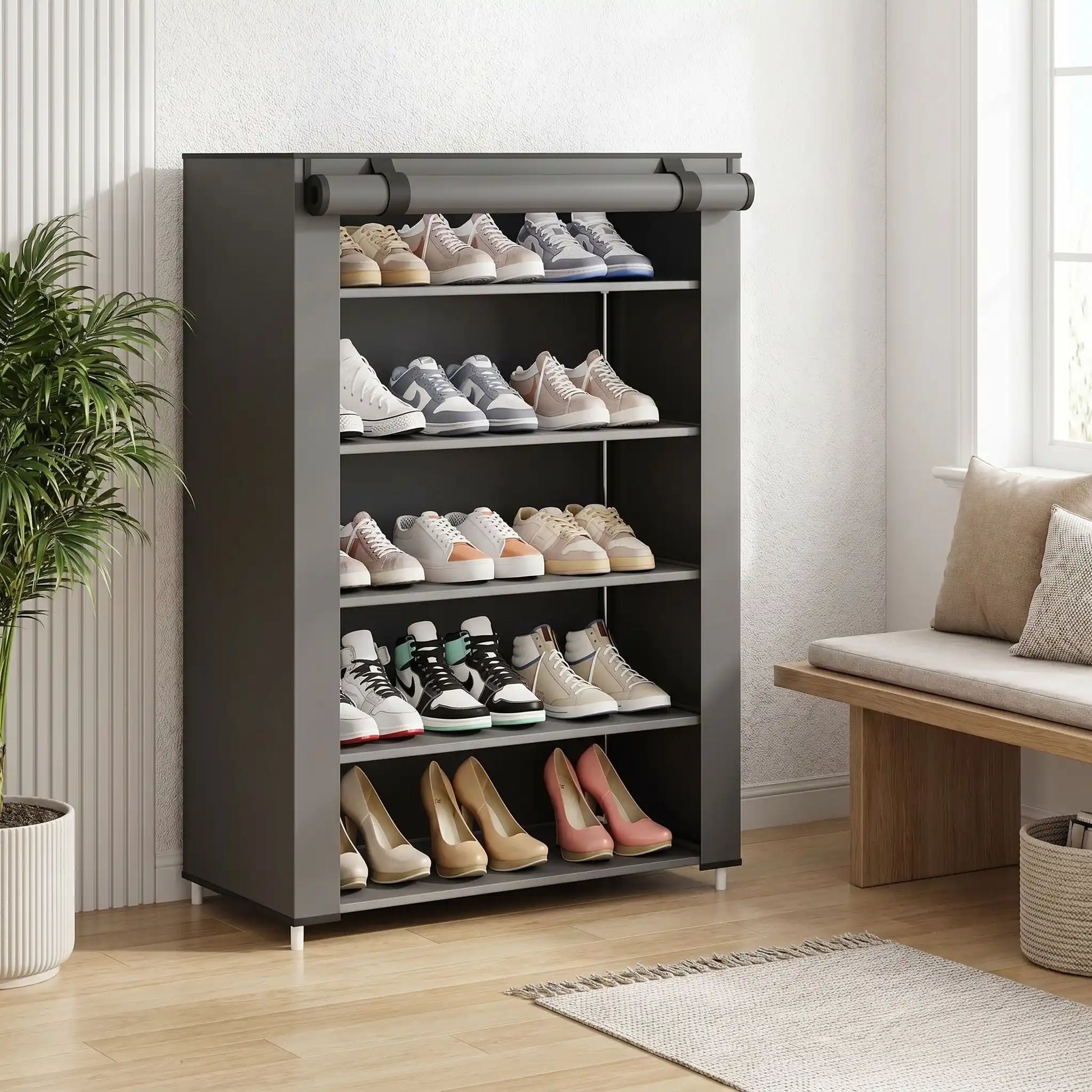 Meuble à chaussures gris anthracite 6 niveaux avec 15 paires de chaussures, rideau frontal ouvert, design moderne pour entrée - Rangement Signature