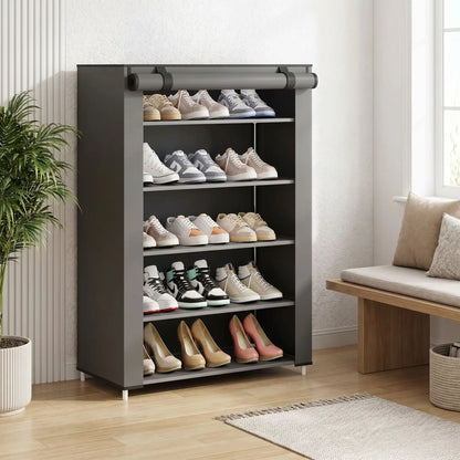 Meuble à chaussures gris anthracite 6 niveaux avec 15 paires de chaussures, rideau frontal ouvert, design moderne pour entrée - Rangement Signature