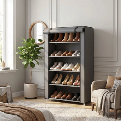 Meuble à chaussures gris moderne 15 paires dans une décoration de salon élégante avec fauteuil et plante - Rangement Signature