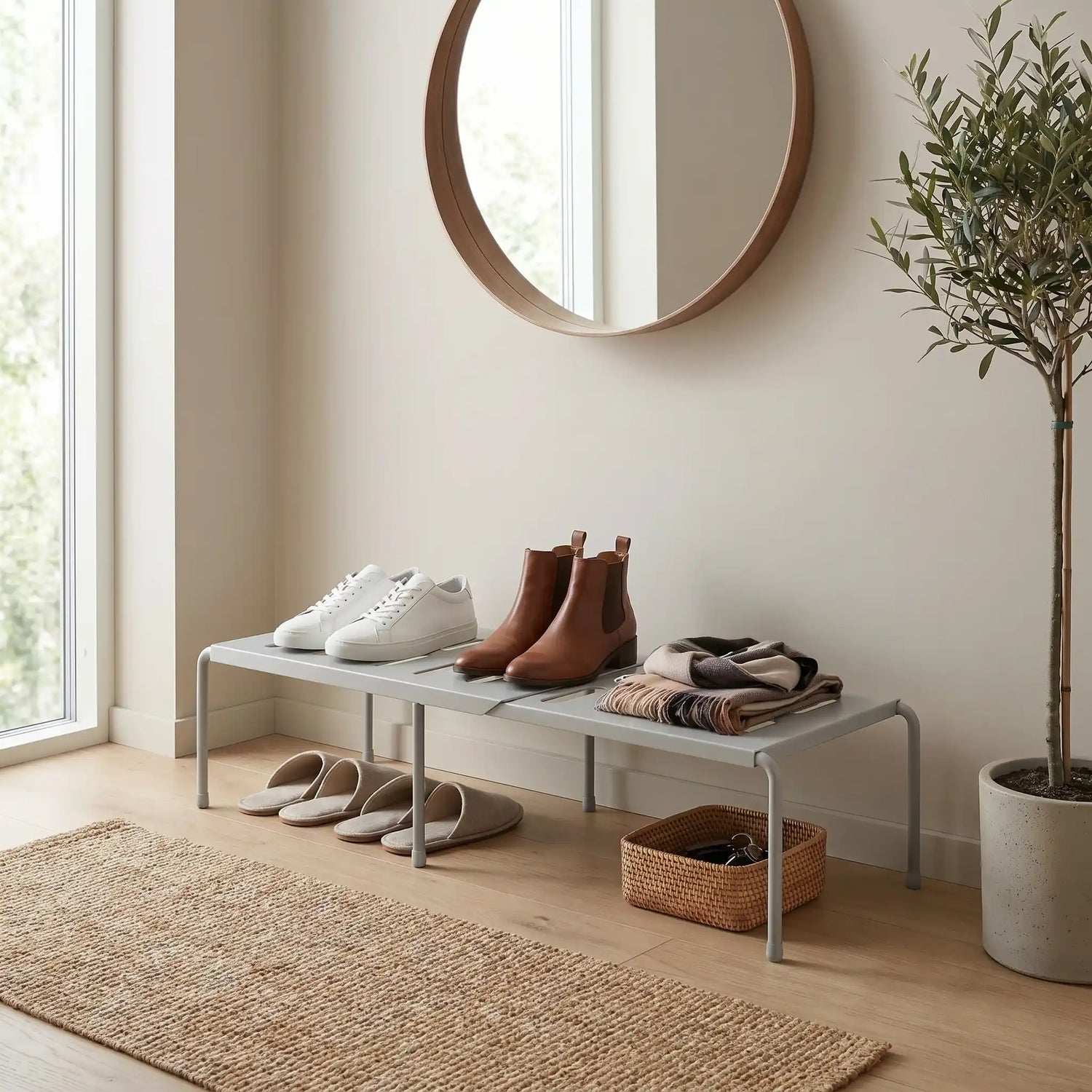 Organisateur de chaussures extensible en métal minimaliste, installé dans une entrée lumineuse avec une plante, un miroir rond et plusieurs paires de chaussures, style scandinave.