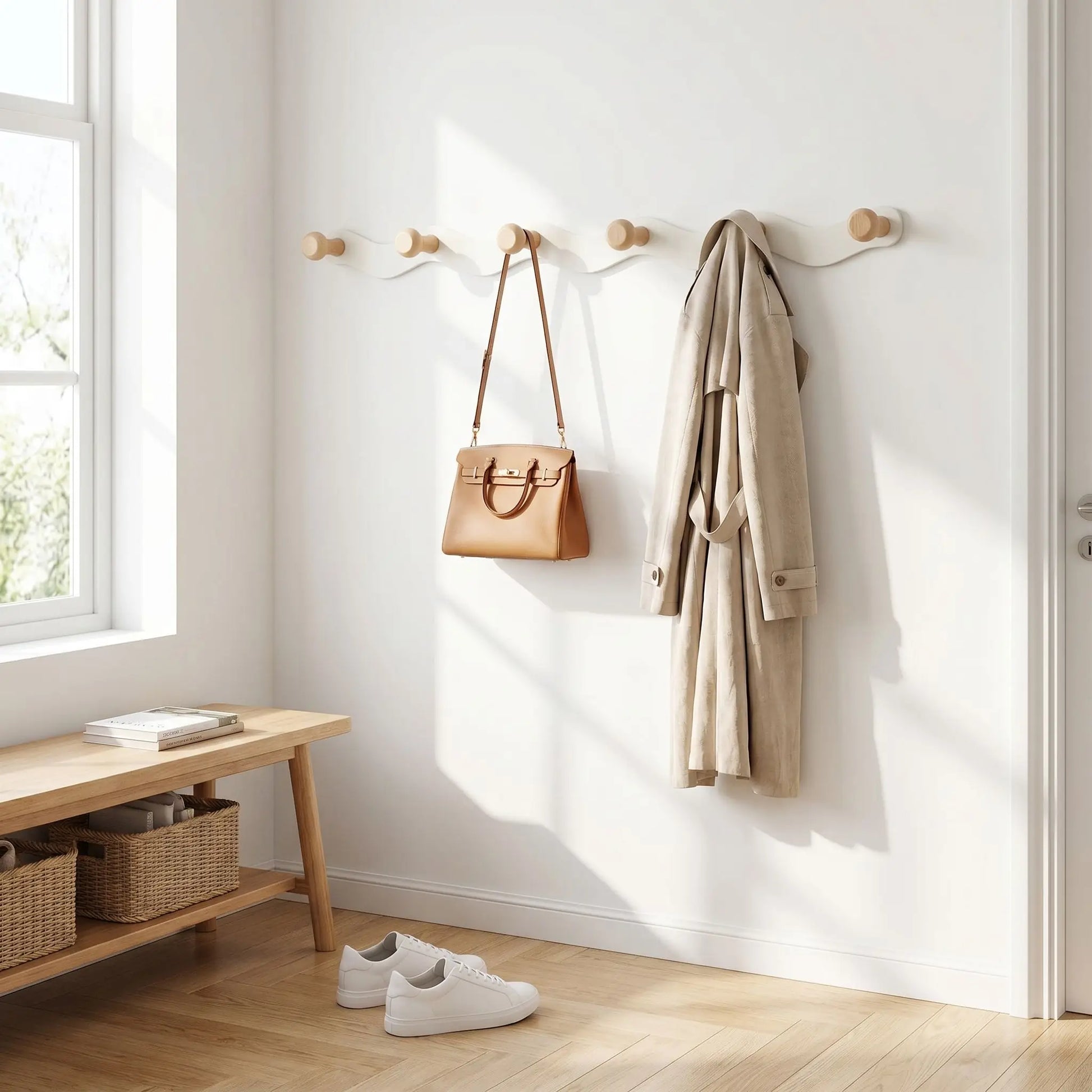 Ambiance entrée scandinave avec le porte-manteau CréativeWaves blanc et bois supportant un sac et un manteau.