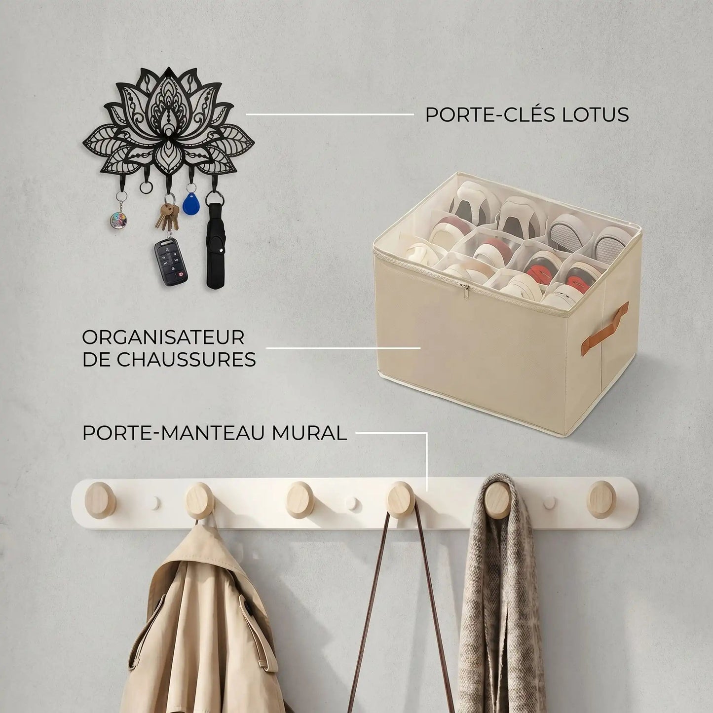 Pack Signature Zen d’Entrée : composition du kit avec porte-clés, organisateur chaussures et porte-manteau