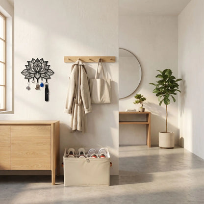 Pack Signature Zen d'Entrée complet avec le module à chaussures ShoeBox beige, le porte-manteau mural scandinave en bois de hêtre et le porte-clé Lotus noir.