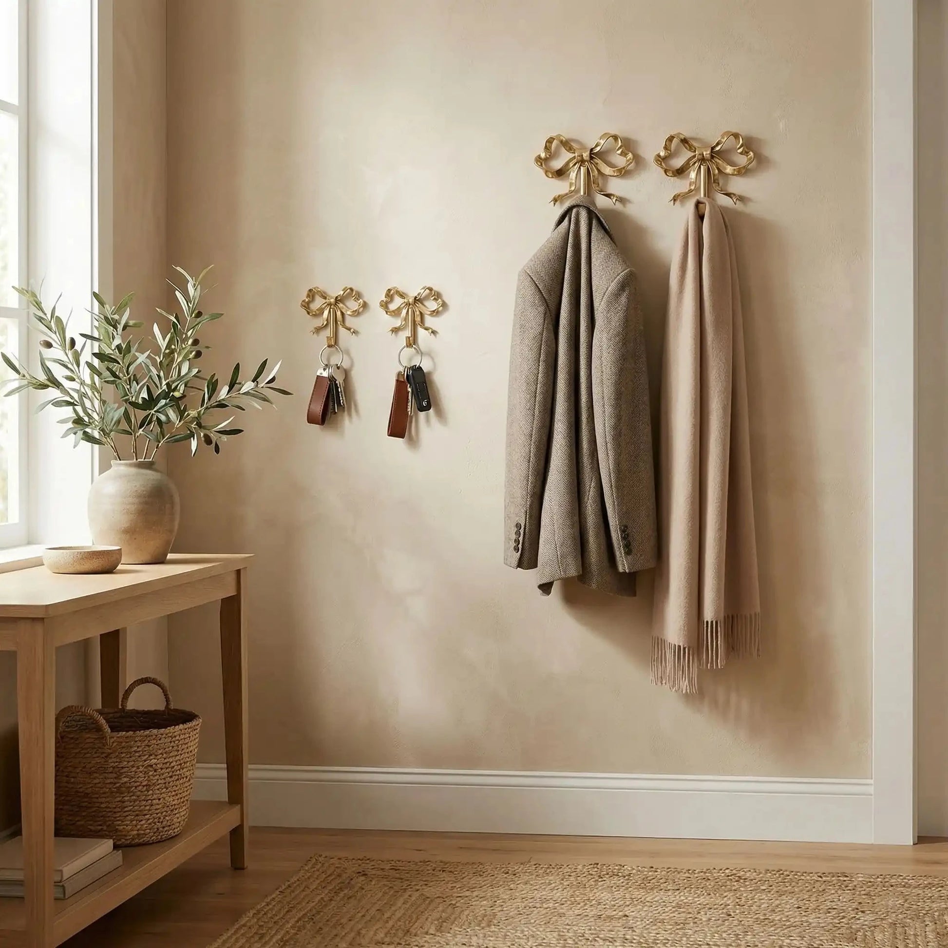 pateres dorées design ruban décoratives avec manteaux et clés dans une entrée moderne