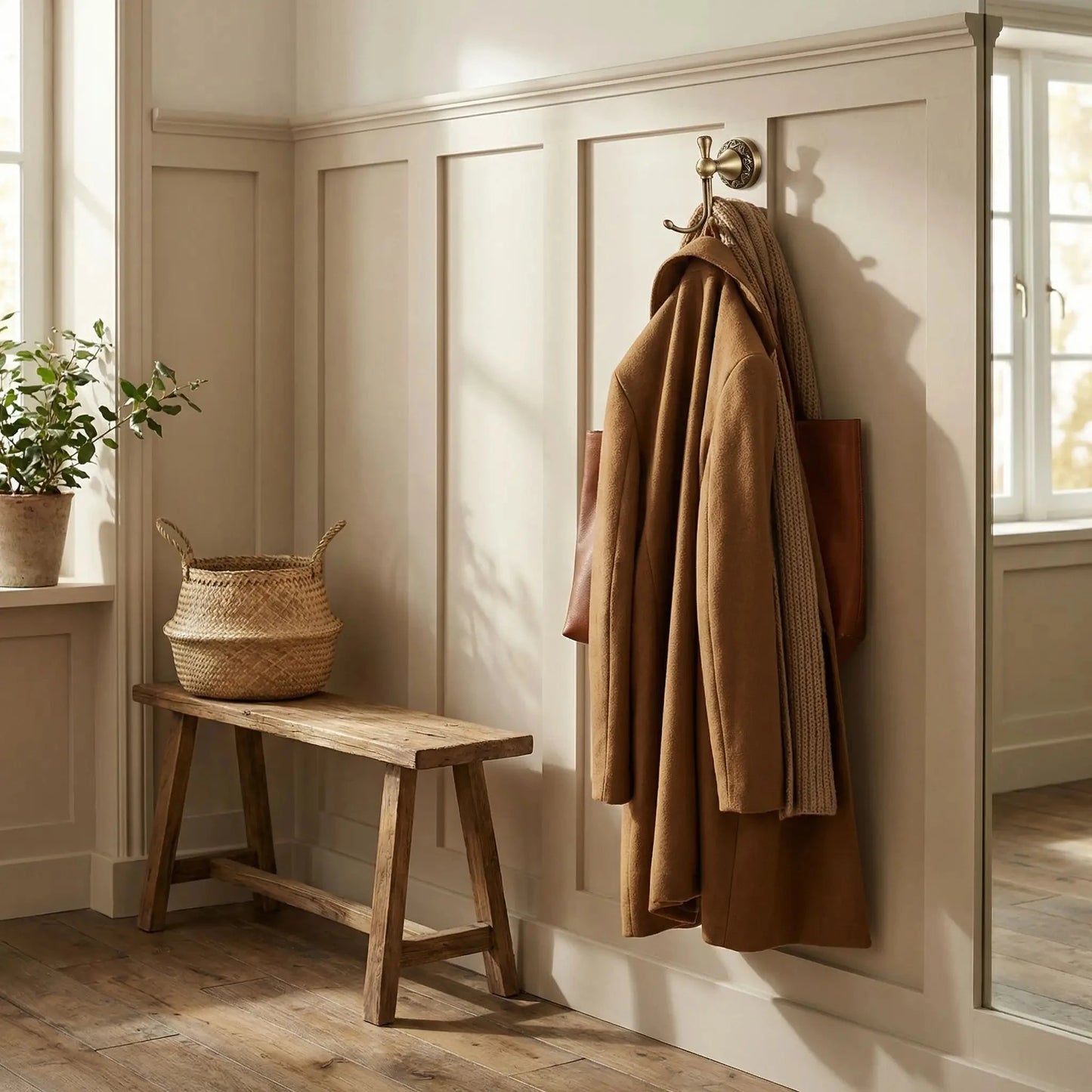 patere laiton antique dore sculpte avec manteau et sac dans un decor chaleureux