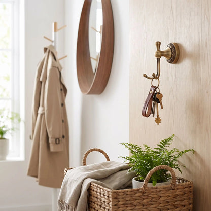Patère laiton doré LYKKE™ sculptée, dans une entrée scandinave avec clés