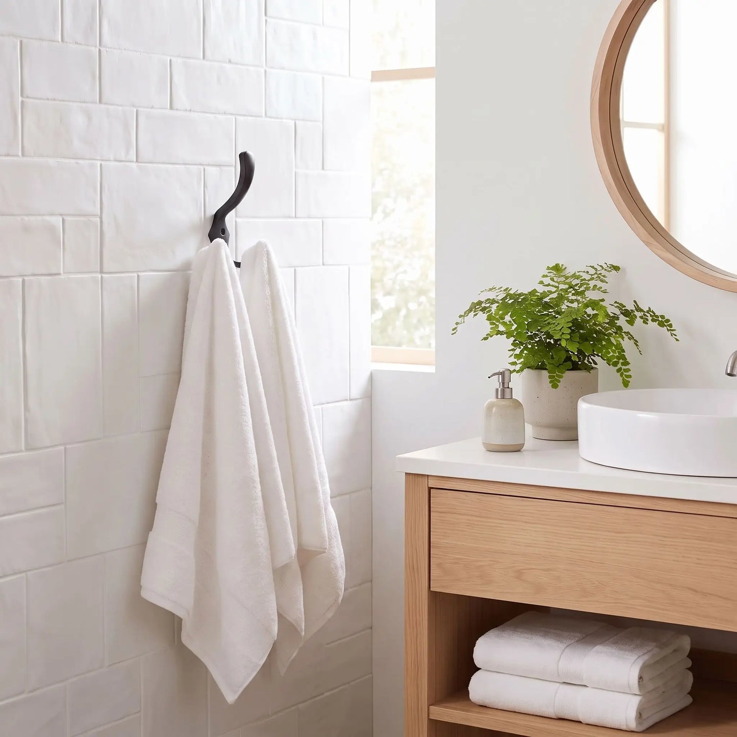 Patère murale LYKKE™ triple crochet en métal noir, design élégant dans une salle de bain