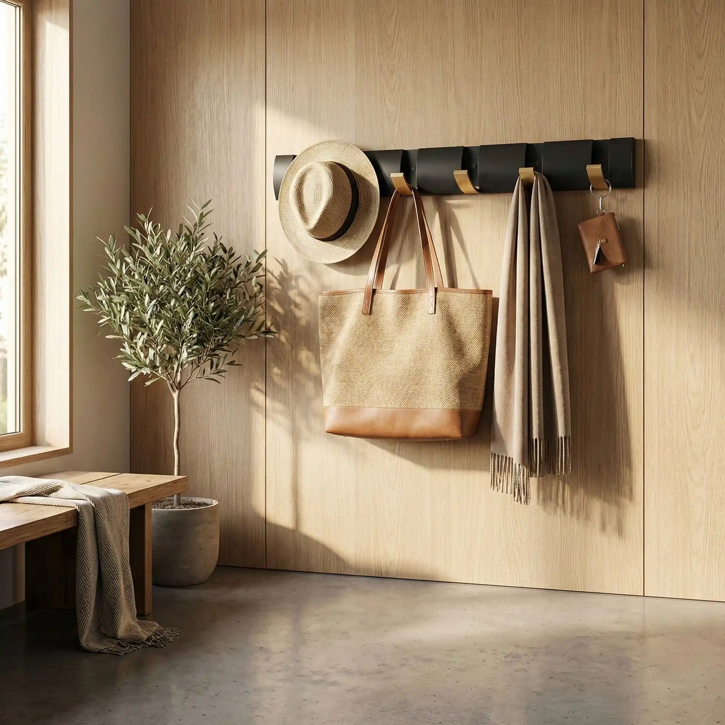 Patere mural aluminium avec chapeau, sac et écharpe