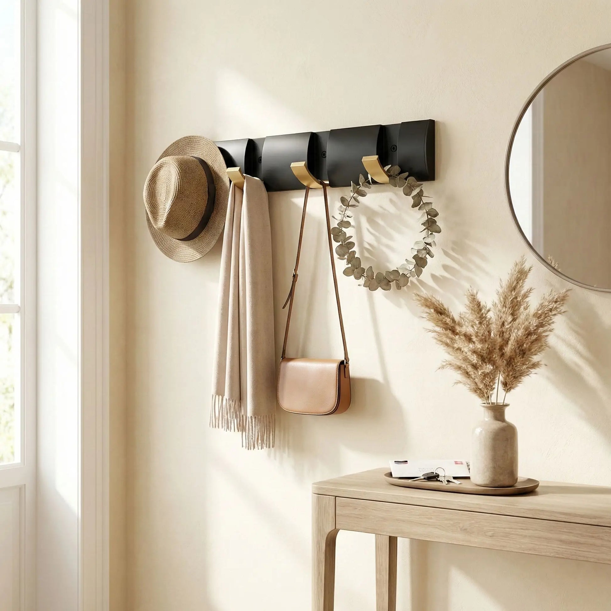 Patere mural aluminium à quatre crochets dorés