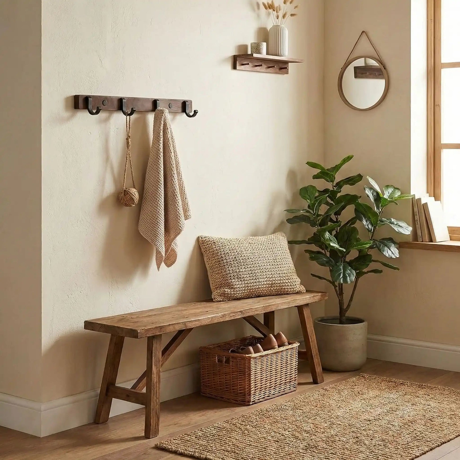 Patère murale design en bois massif et métal noir mat, disponible en modèles à 4, 5 ou 6 crochets pour un rangement élégant.