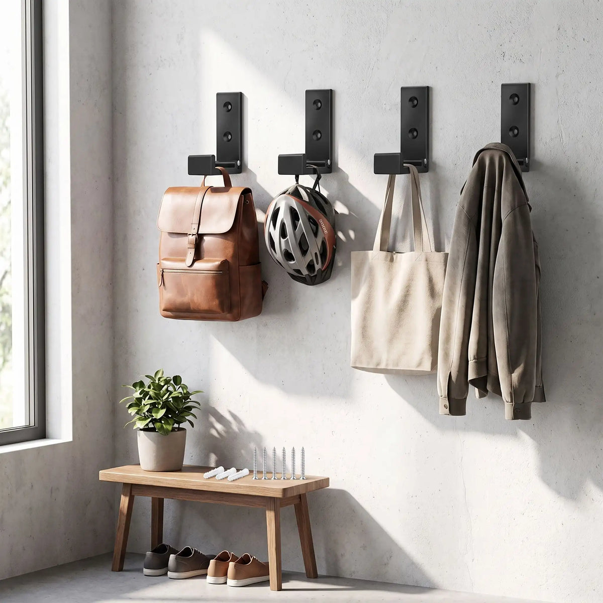 Patère murale LYKKE™ pliable noire, gain de place et design moderne, lot de 4