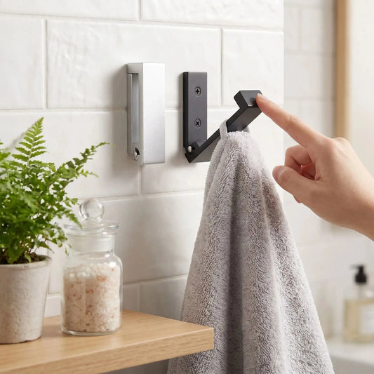 Patère murale pliable en finition noire et argent, installation salle de bain avec serviette