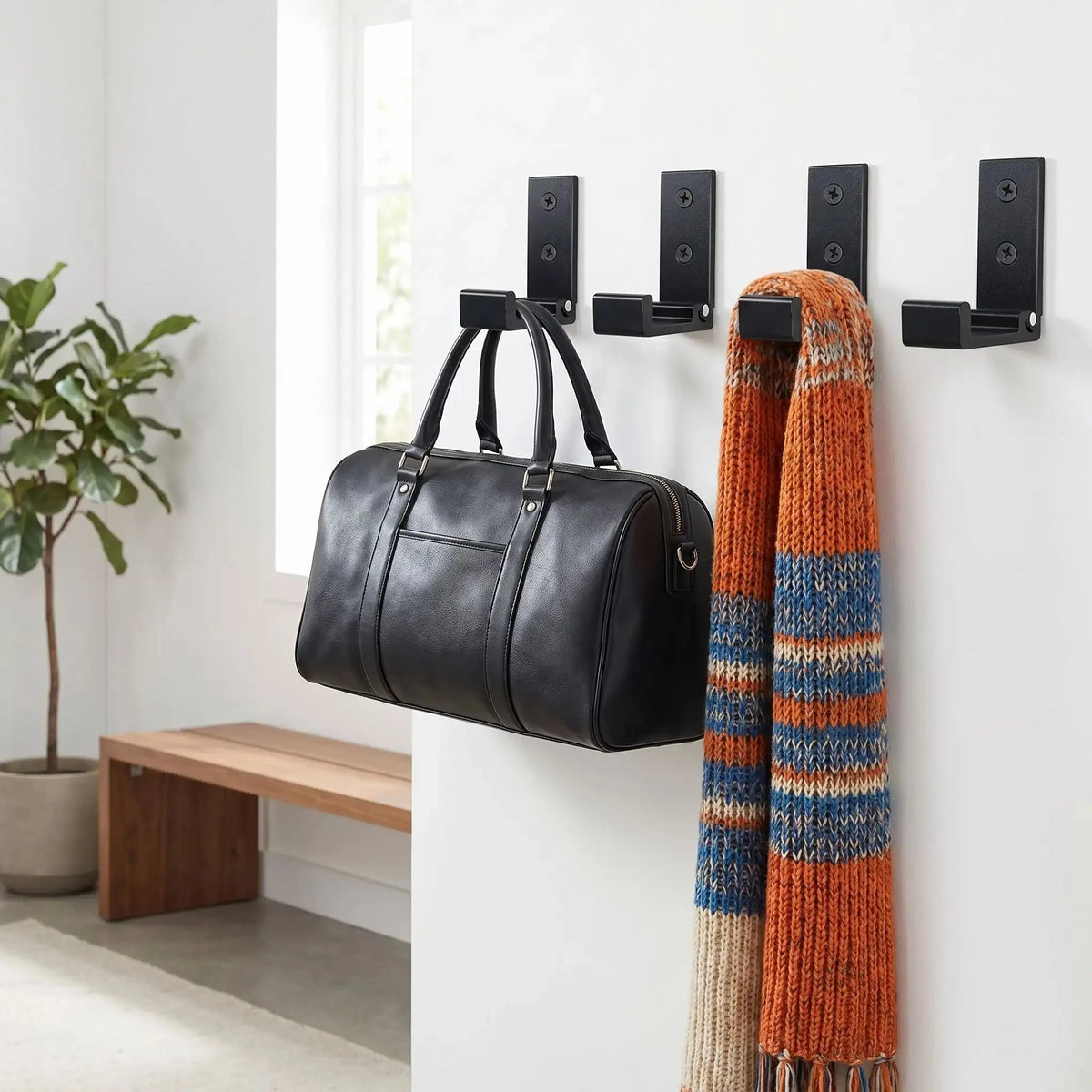 Patere Murale pliable noire, lot de 4 crochets design pour entrée organisée avec sac et écharpe