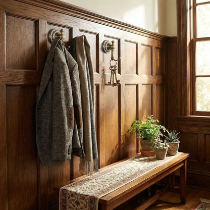 Patère victorienne en laiton et céramique avec manteaux et clés suspendus dans une entrée chaleureuse en bois