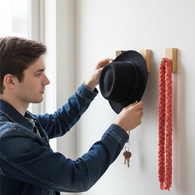 Personne accrochant un chapeau sur les crochets muraux noyer