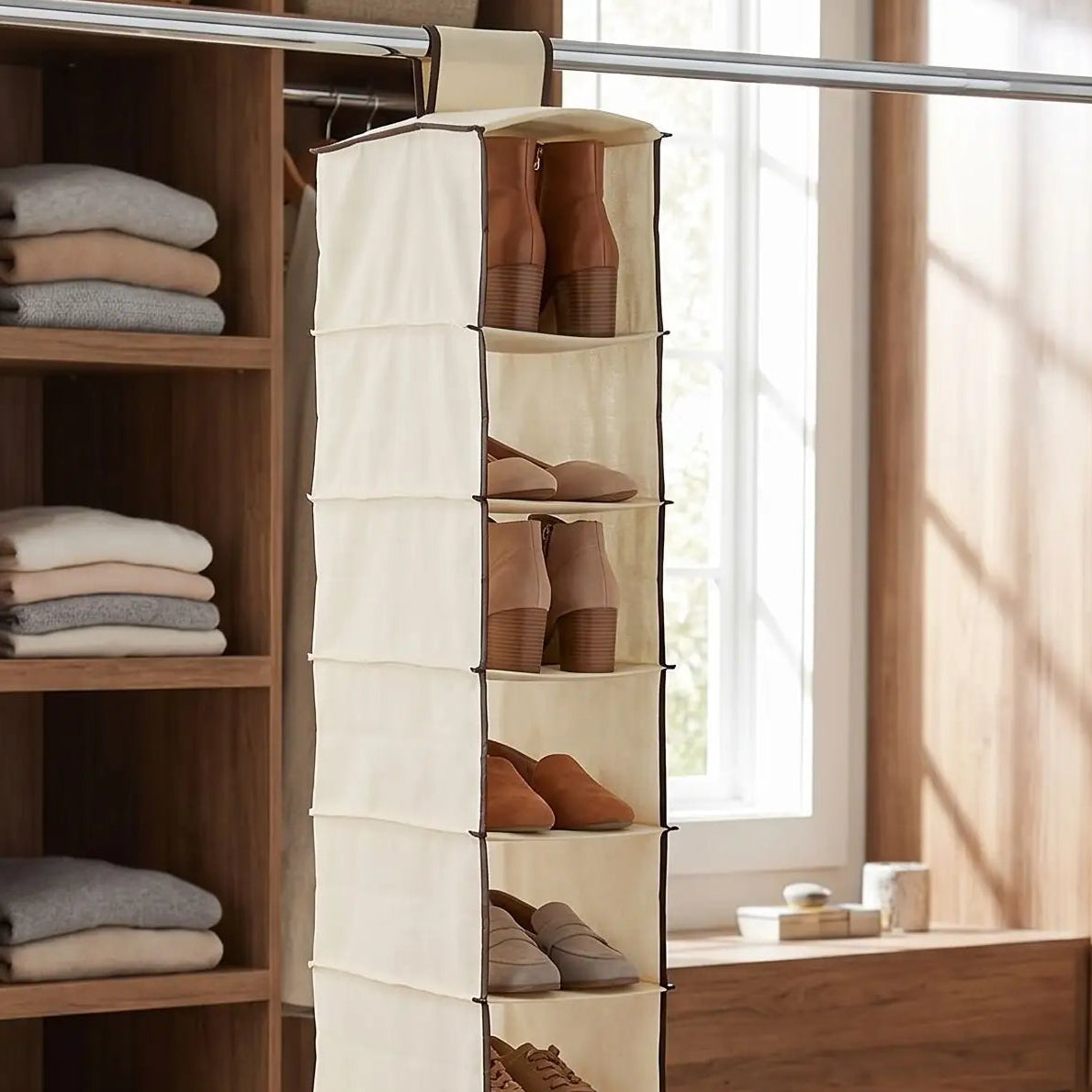 Portant pour chaussures suspendu RangePro coloris Beige Sablé, pour une organisation de placard chaleureuse et naturelle.