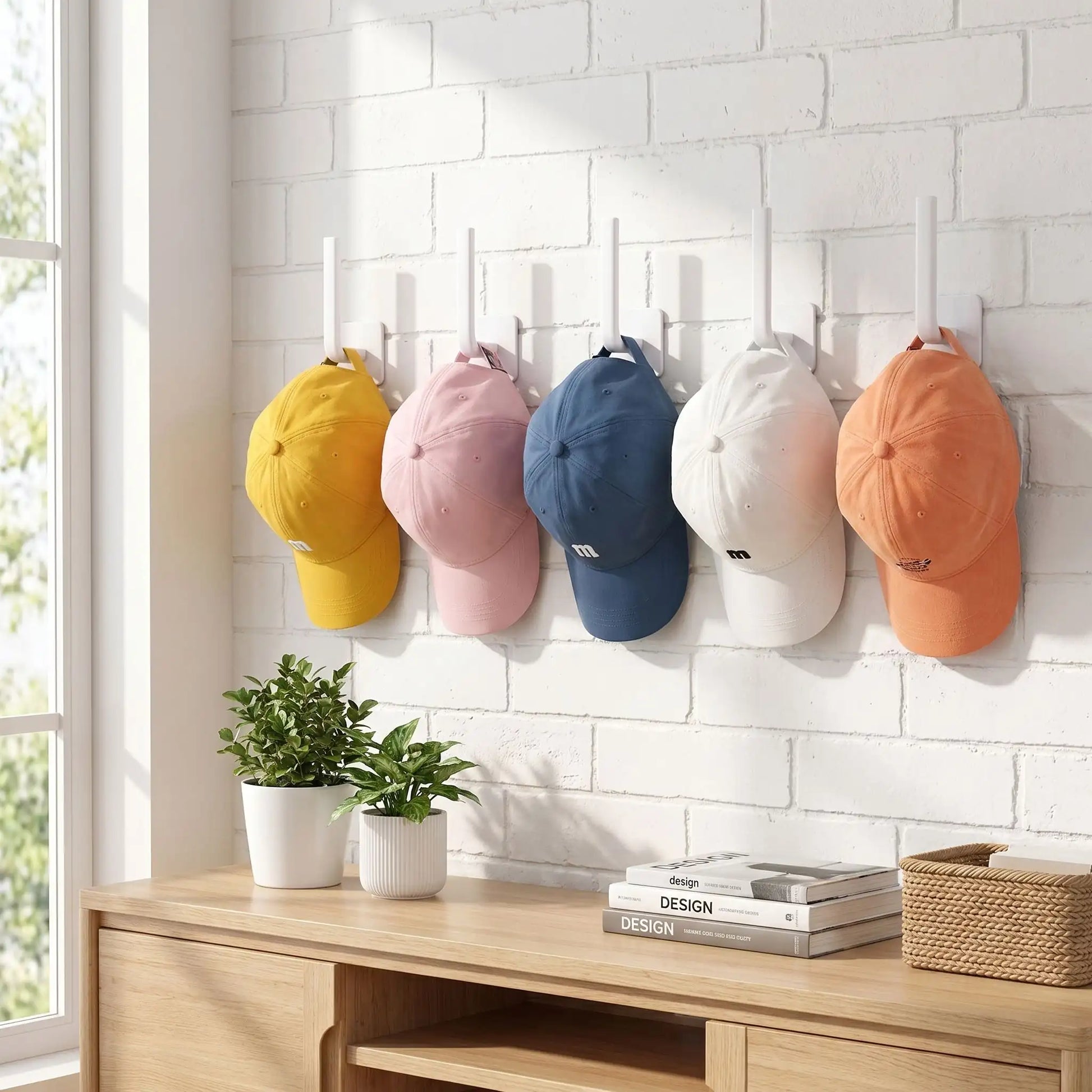 alignement de porte casquette mural blanc avec casquettes colorees suspendues
