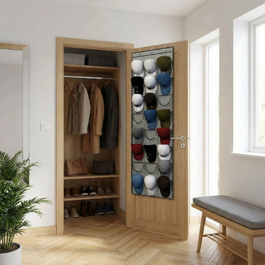 Porte casquette mural en tissu derrière la porte