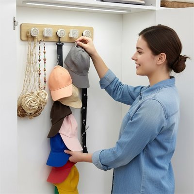  Personne accrochant des casquettes colorées sur une sangle murale dans un espace de rangement organisé.