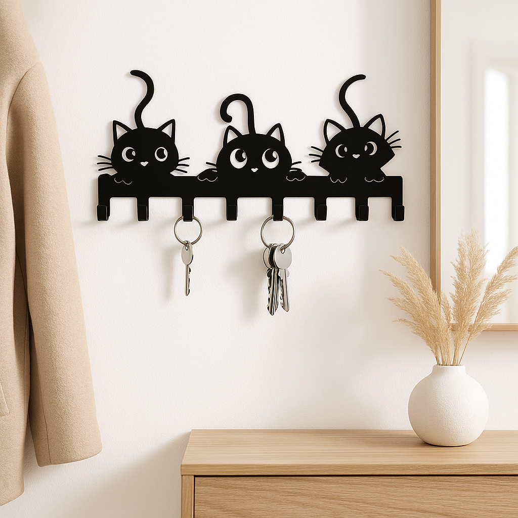 Porte-clé mural MetalCat avec 8 crochets robustes et deux trousseaux de clés suspendus pour une entrée organisée.