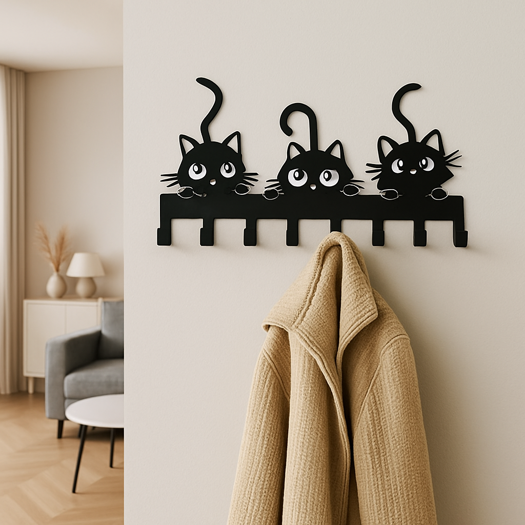 Porte-clé mural MetalCat en métal noir installé dans une entrée avec une veste.
