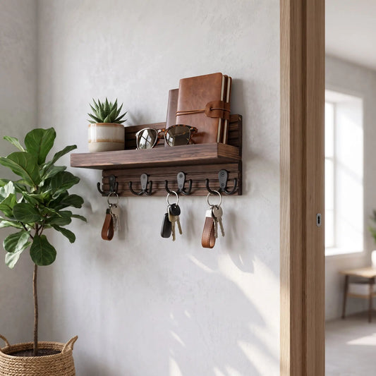Porte-cle mural SKOG™ en bois avec étagère vu de côté pour montrer la finition scandinave
