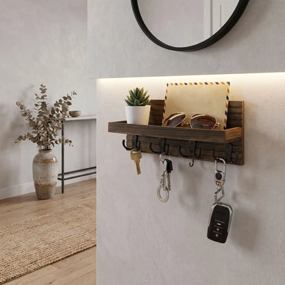Porte-cle mural bois fixe avec étagère pour un rangement pratique