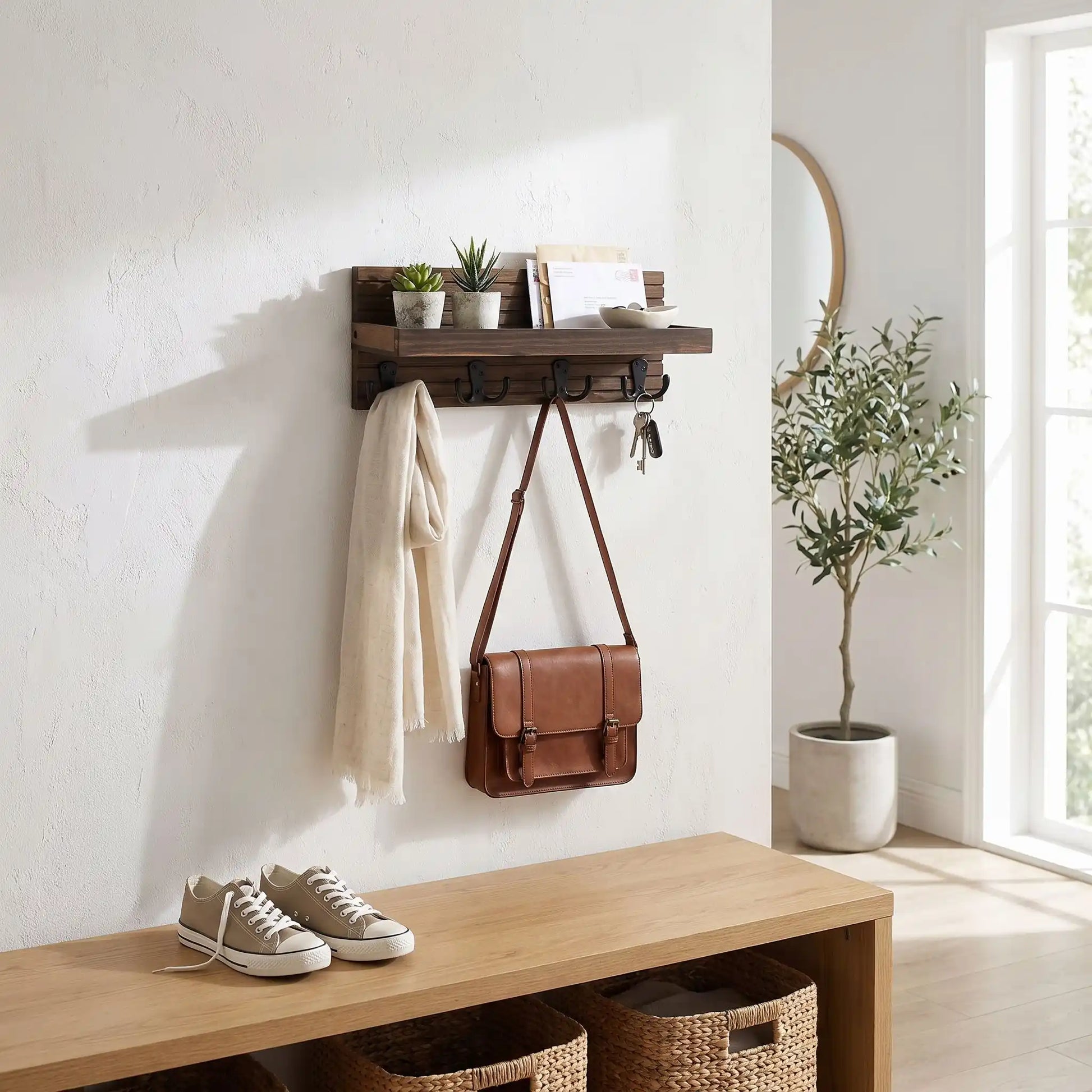 Porte-clé mural SKOG™ en bois avec étagère utilisé au quotidien pour accrocher les clés