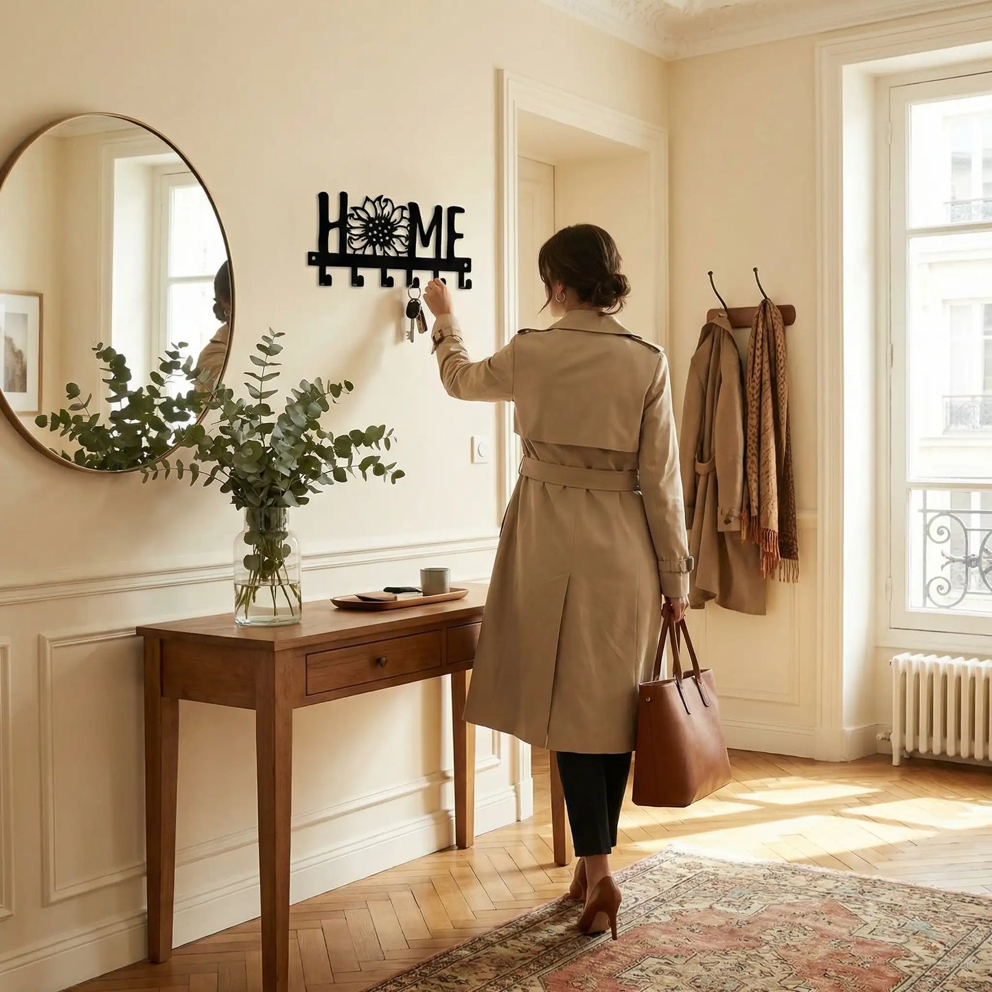 Porte cles mural design floral avec dame