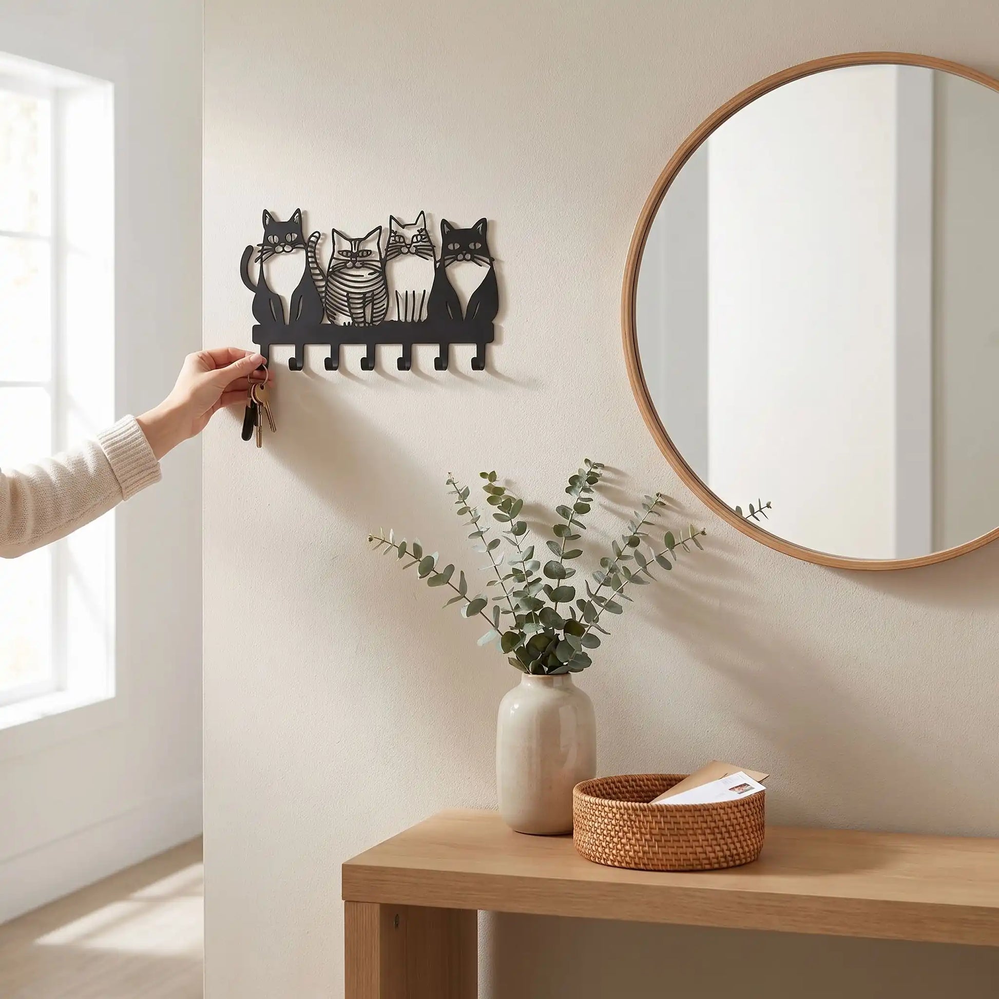 Porte-clés mural LYKKE™ en acier montrant l’organisation pratique de l’entrée