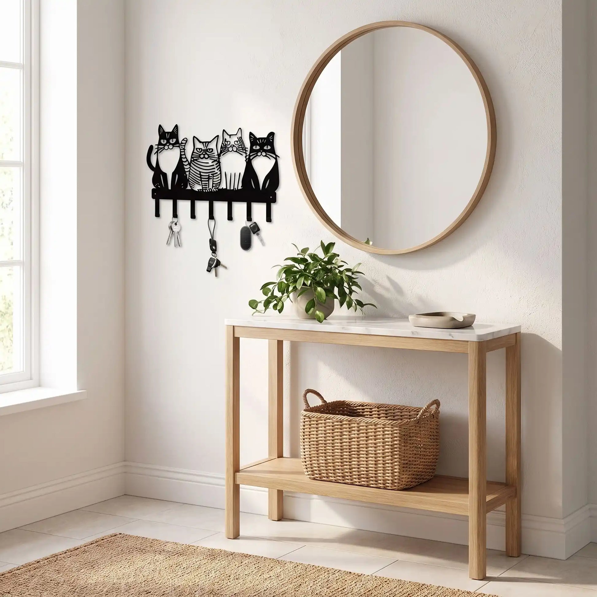 Porte-clés mural LYKKE™ en acier installé pour montrer une entrée mieux organisée