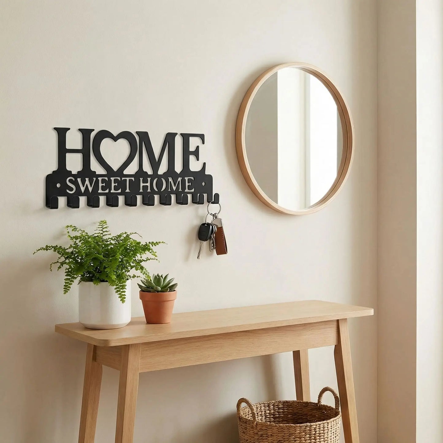 Porte-clés mural noir mat en acier avec inscription Sweet Home installé dans une entrée moderne.