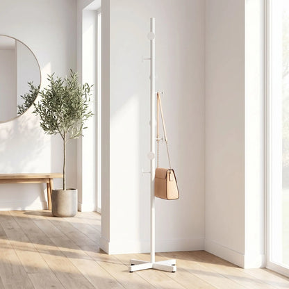 Porte-manteau Blanc Pur Épure™ au design élancé avec crochets ergonomiques et base en X stable.