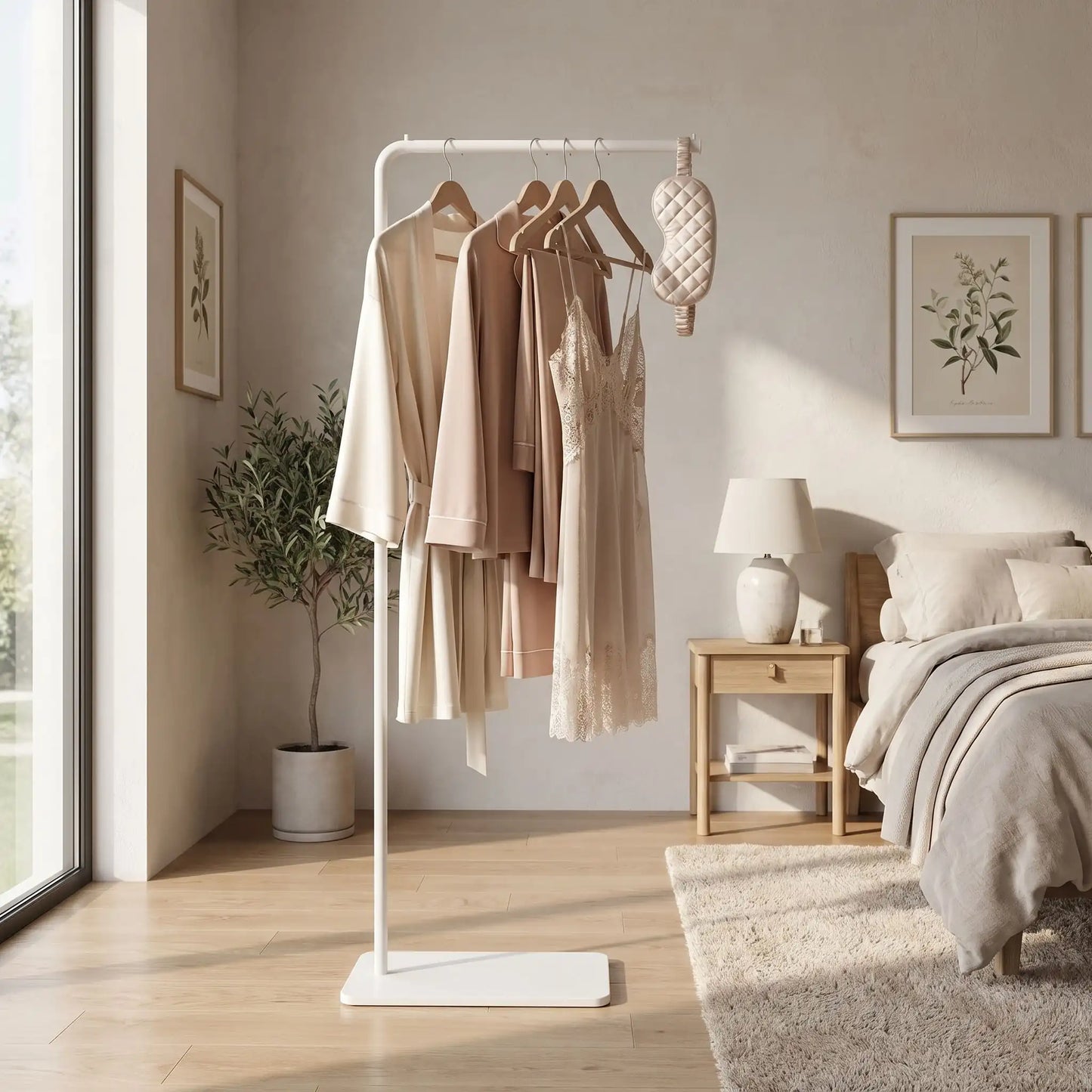 porte-manteau blanc sur pied minimaliste avec des vêtements beiges dans une chambre lumineuse au design scandinave