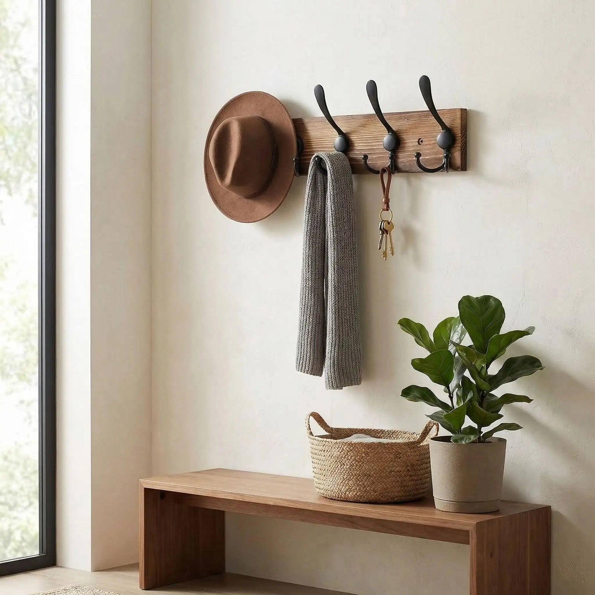 Porte-manteau mural original en bois avec 5 crochets noirs dans une entrée moderne avec un banc et une plante
