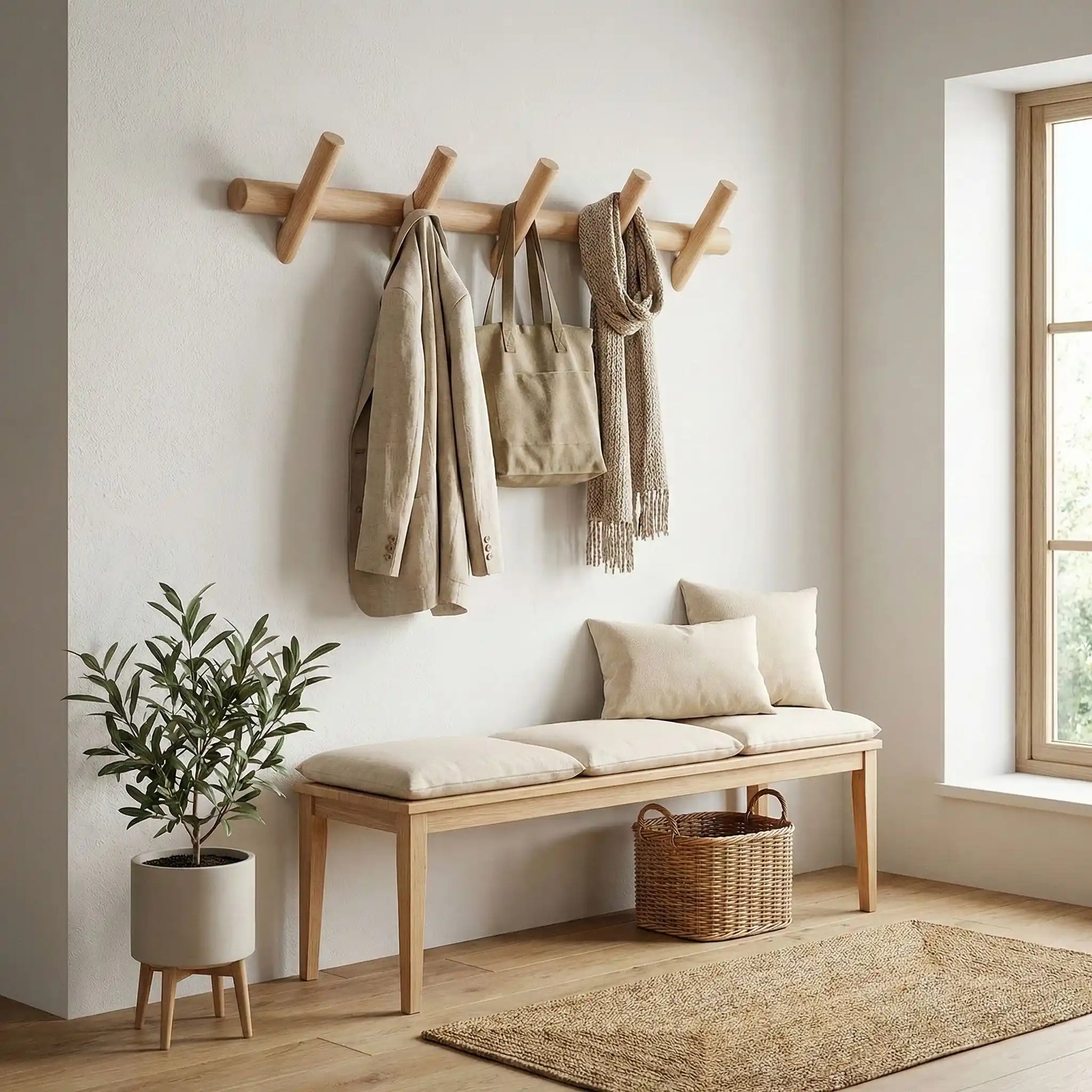 Porte-manteau mural en bois avec écharpes installé au-dessus d'un banc en bois dans une entrée ensoleillée.Organique