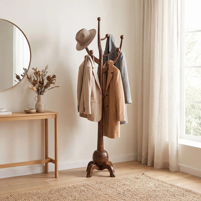 Porte‑manteau en bois massif sculpté avec manteaux dans une entrée moderne et chaleureuse.